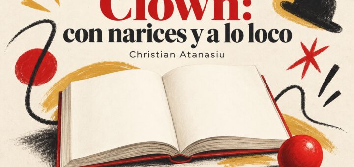 Ilustración editorial de un libro abierto de páginas en blanco y una nariz roja, con el título Clown: con narices y a lo loco y el nombre Christian Atanasiu.