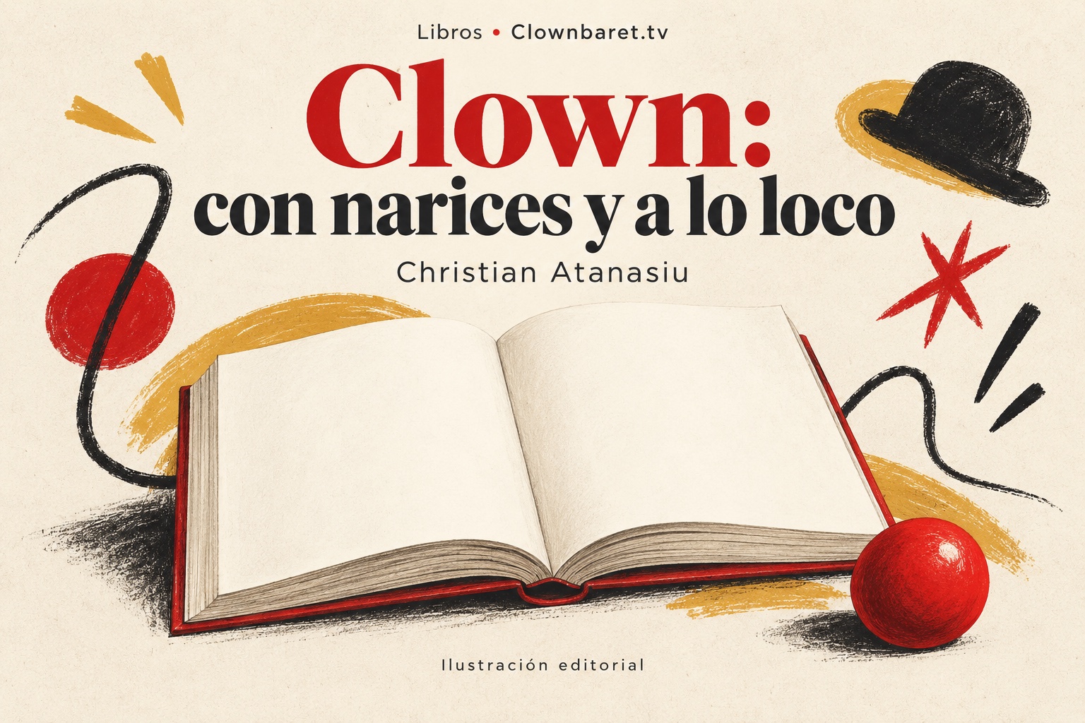 Ilustración editorial de un libro abierto de páginas en blanco y una nariz roja, con el título Clown: con narices y a lo loco y el nombre Christian Atanasiu.