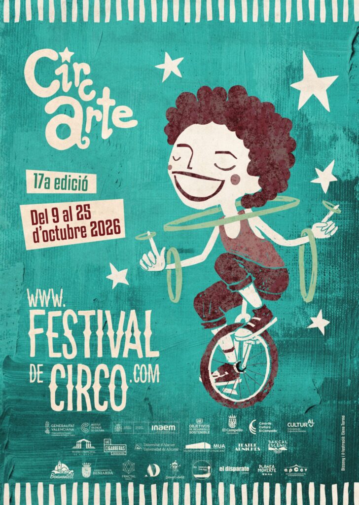 Cartel de Circarte 2026: una artista sonriente hace girar aros sobre un monociclo. 17.ª edición, del 9 al 25 de octubre de 2026.