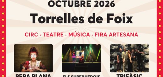 Cartel del 12.º Clownic Festival, del 23 al 25 de octubre de 2026 en Torrelles de Foix, con Pepa Plana, Els Superherois y Trifàsic.