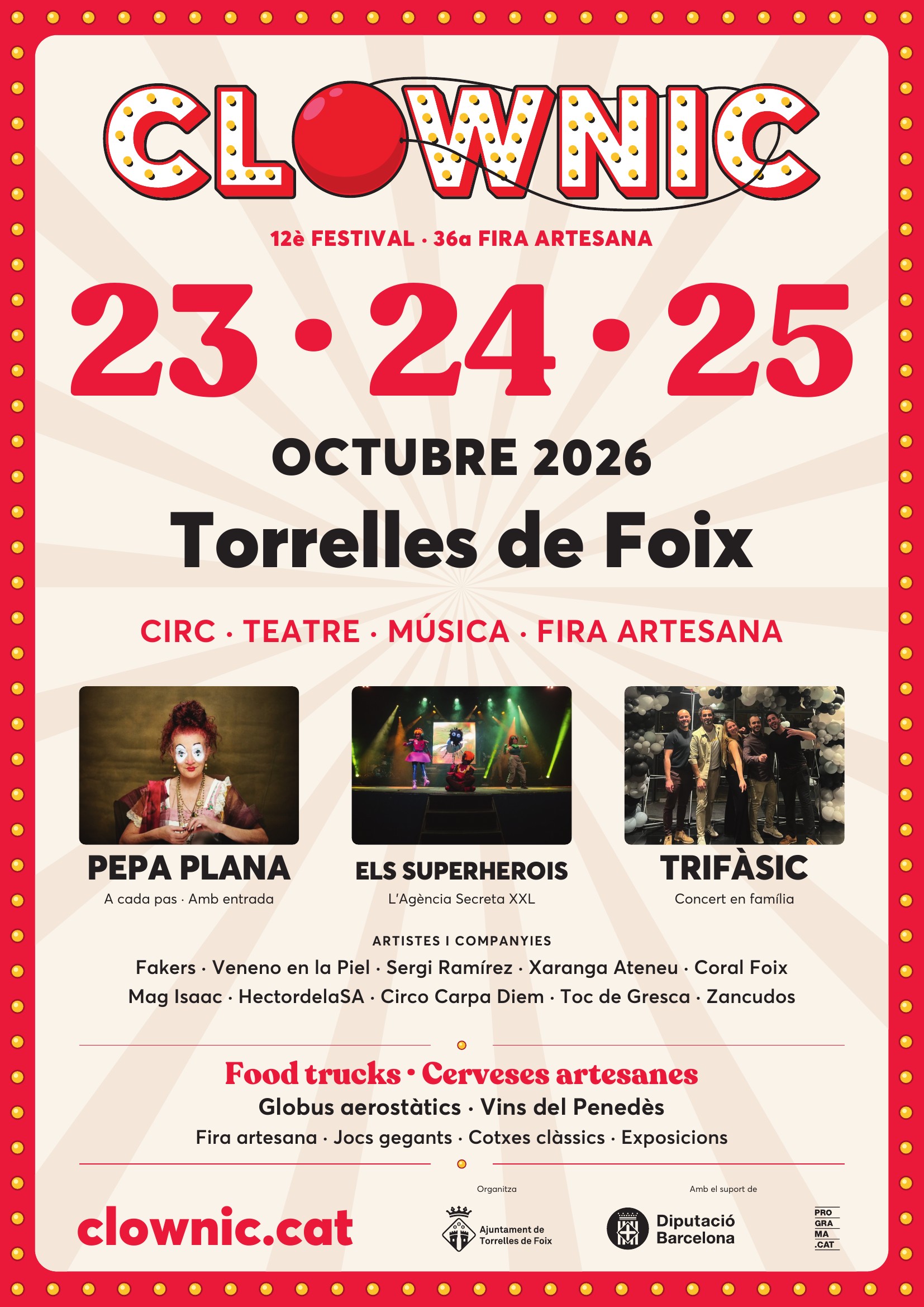 Cartel del 12.º Clownic Festival, del 23 al 25 de octubre de 2026 en Torrelles de Foix, con Pepa Plana, Els Superherois y Trifàsic.