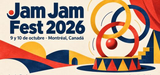 Ilustración editorial del Jam Jam Fest 2026 con aros entrelazados y una esfera roja sobre formas de circo; anuncia el 9 y 10 de octubre en Montréal, Canadá.