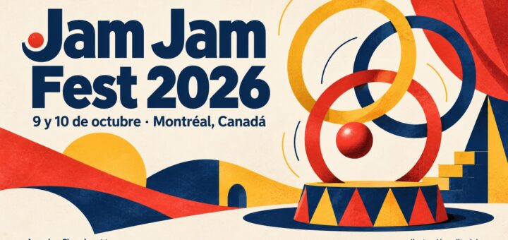 Ilustración editorial del Jam Jam Fest 2026 con aros entrelazados y una esfera roja sobre formas de circo; anuncia el 9 y 10 de octubre en Montréal, Canadá.