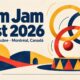 Ilustración editorial del Jam Jam Fest 2026 con aros entrelazados y una esfera roja sobre formas de circo; anuncia el 9 y 10 de octubre en Montréal, Canadá.